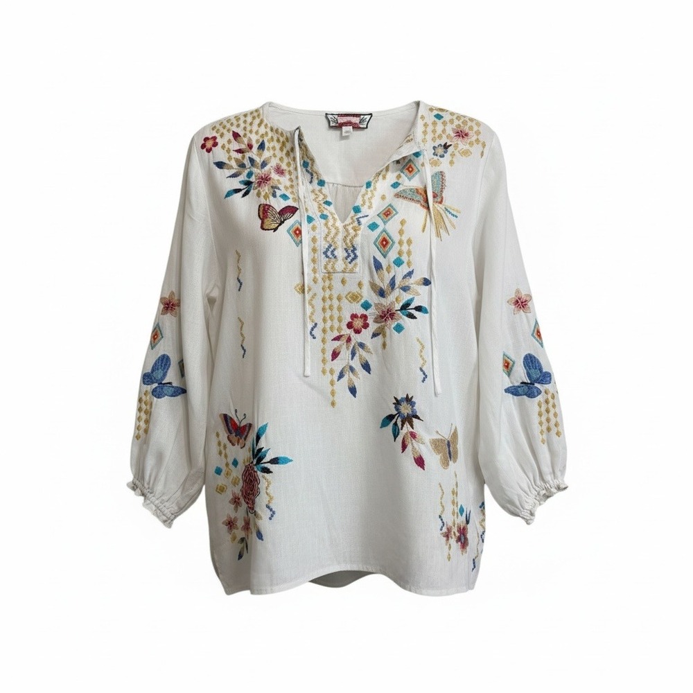 Boho Floral Johnny Was Mariposa easy‎ Linen White Tunic embroidered Blouse  XS